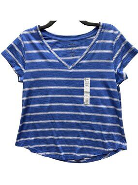 Sonoma Womens Size PETITES Large V-Neck Tee Blue & White Striped Short Sleeve